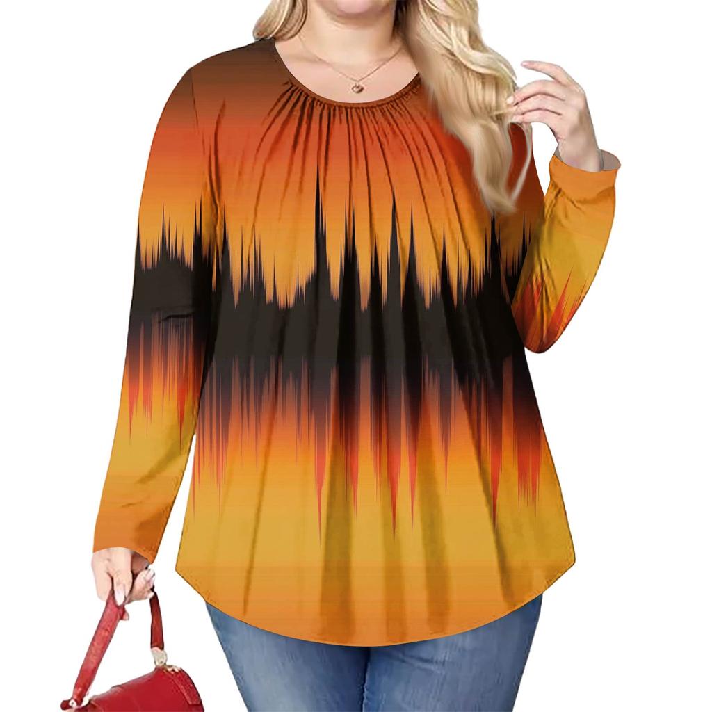 Women's Plus Size Fashion Printed Casual Pleated Round Neck Long Sleeve Top