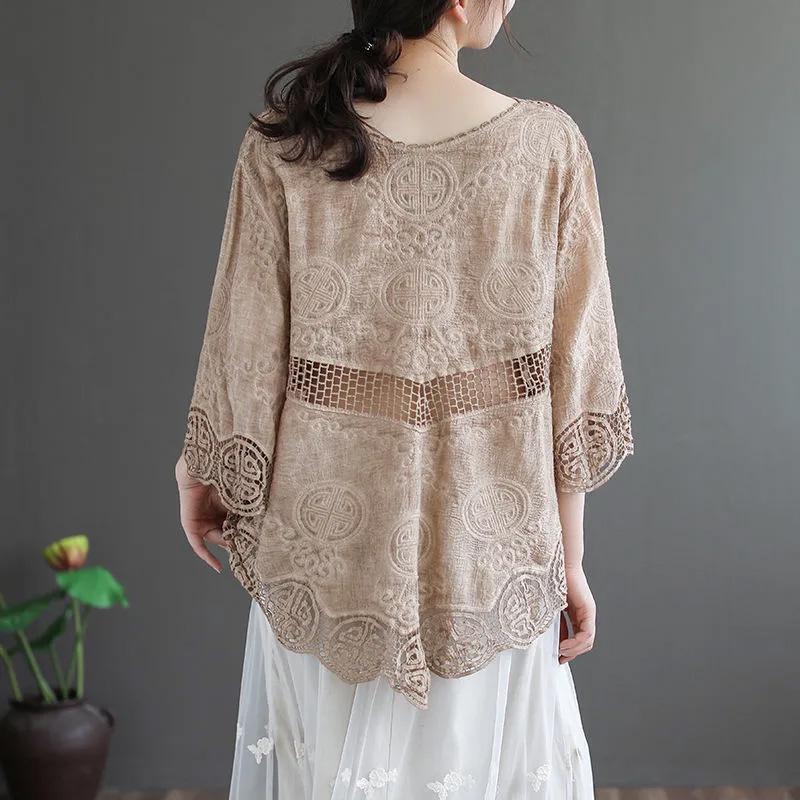 Рубашка Топы Женская хлопковая блузка большого размера Удобная вышитая рубашка с длинным рукавом и V-образным вырезом Кружевная рубашка Топы