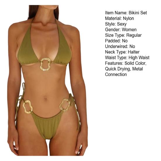2 шт./комплект женский комплект бикини бюстгальтер на бретельках со шнуровкой трусы комплект металлическое соединение однотонный пляжный стиль купальники