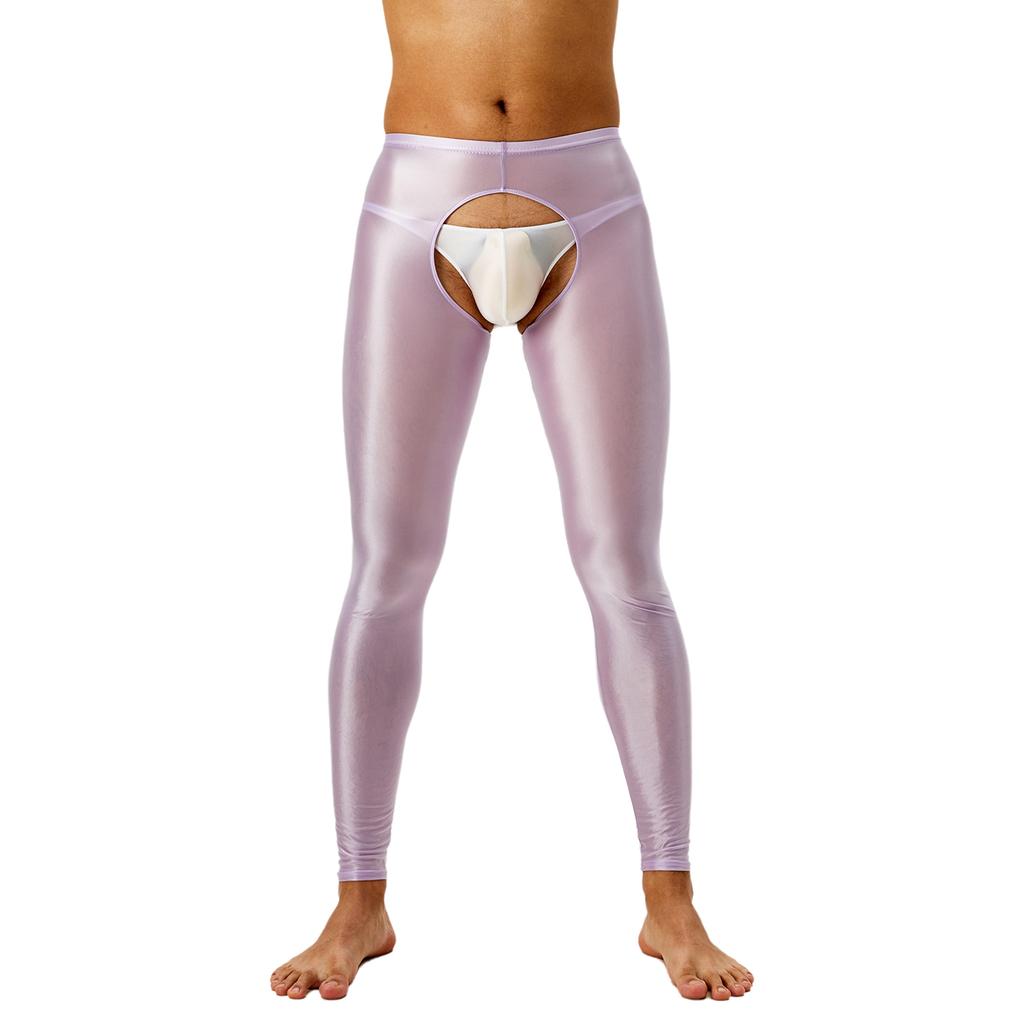 Mens Glossy Open Crotch Leggings Pants High Waist Slim Fit Tights Underwear Baselayer Pants for Nightclub Dance Wear
