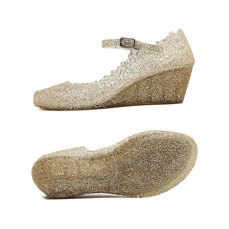 Женские сандалии с кристаллами, летняя модная пляжная обувь, нескользящая обувь с перфорацией и полым наклонным каблуком