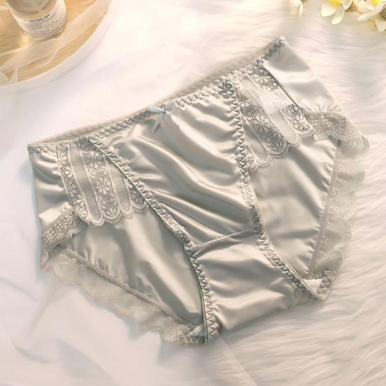 Smooth Satin See-through Lace Stitching Briefs Sexy Bowknot Decor Mid-rise Hip Lifting Breathable Thin Women Panties