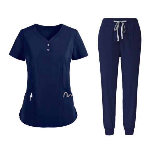 2Pcs/Set Unisex Hospital Uniform Set V-neck Short Sleeve Pockets Tops Elastic Waist Pants Set Quick Drying Hospital Dental Nursing Scrubs Uniforms