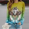 Топы для женщин с принтом волка и орла, круглый вырез, длинный рукав, футболка, осенний повседневный тонкий пуловер, женский топ с длинным рукавом