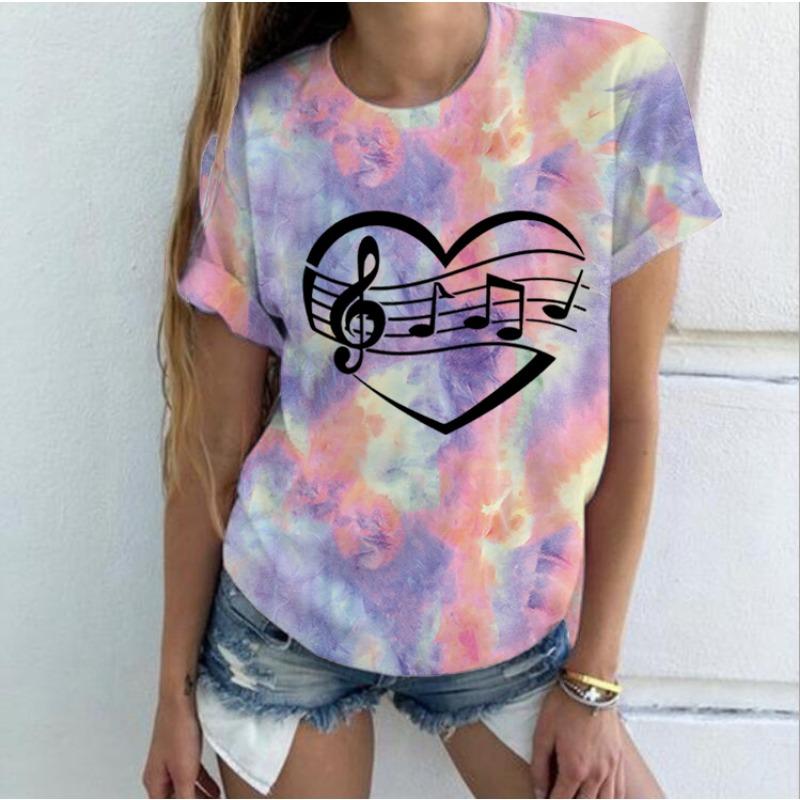 Футболки Summer Music Heart Tie Dye 3D Print Футболки для женщин Уличная одежда Повседневная мода Футболка с коротким рукавом Футболка с круглым вырезом для детей Футболки Топы Одежда