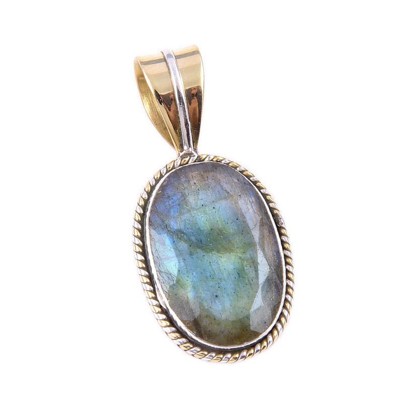 Natural Labradorite 925 Solid Sterling Silver Jewelry TwoTone Pendant 1.25" S1k05
