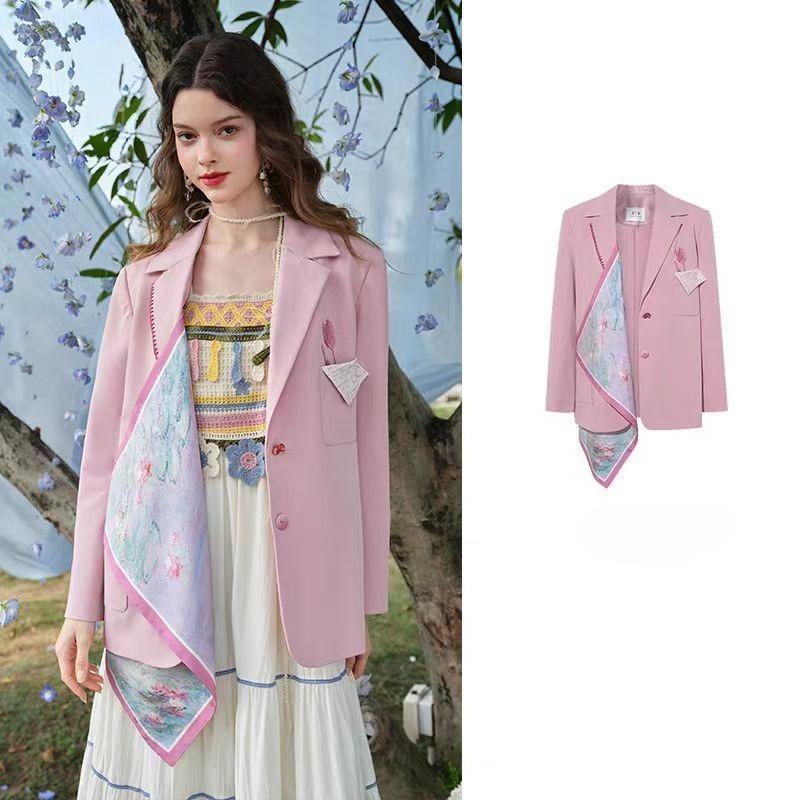 Фиолетовый осенний блейзер винтажного свободного кроя, повседневный пиджак с карманами, цветочная элегантность