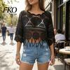 Spring Autumn Layering Top Women Crochet Tops, Round Neck 3/4 Flared Sleeves Cover Up, Hollow Lightweight Knit Blouse Sun Protection