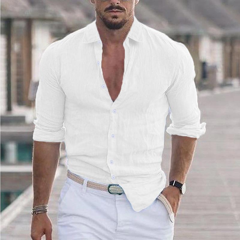 Fashion Men's Shirts Summer Cotton Linen Lapel Beach Shirt Long-sleeved Solid-coloured Shirts Casual Versatile Tops
