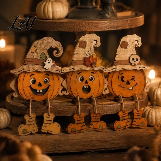 Unique Housewarming Gifts for Fall 3PCS Distressed Wooden Pumpkin Ornaments Witch Hats And Ghost Patches Retro Gothic Mantel Decor Decor Halloween