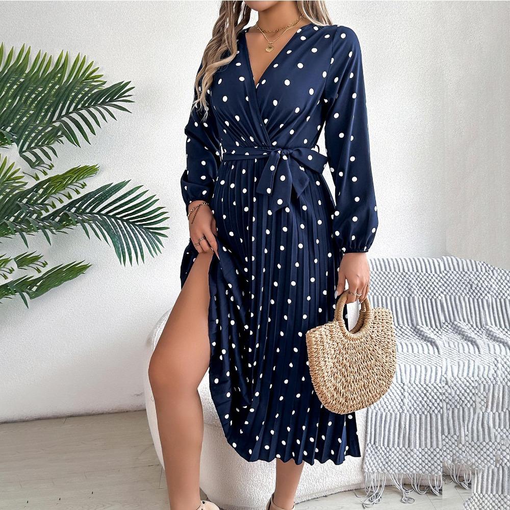 Весна-лето женское длинное платье с длинным рукавом в горошек и высокой талией