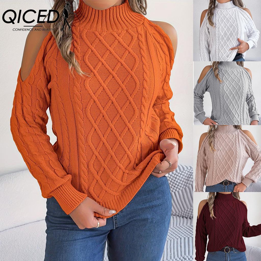 QICED Autumn and Winter Casual Twist Off-the-shoulder Semi-high Neck Long-sleeved Pullover Sweater Women's Wear