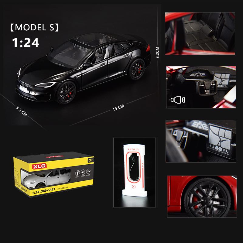 Литой под давлением автомобиль в масштабе 1/24 для модели автомобиля Tesla Model S с зарядной станцией, коллекционная звуковая световая игрушка