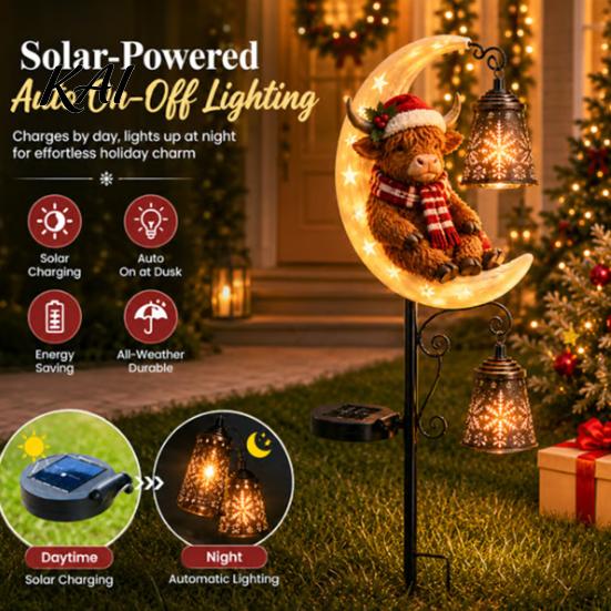Metal Snowflake Garden Stakes Highland Cow Moon Solar Light, Christmas Seasonal Landscaping Decor Stake Powered Outdoor Yard Lawn Path Decoration