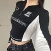 Casual Y2K Zip Up T Shirt Women Stand Collar Long Sleeve Crop Tops Slim Graphic T-shirts Female 90s Vintage Clothes Base Tees