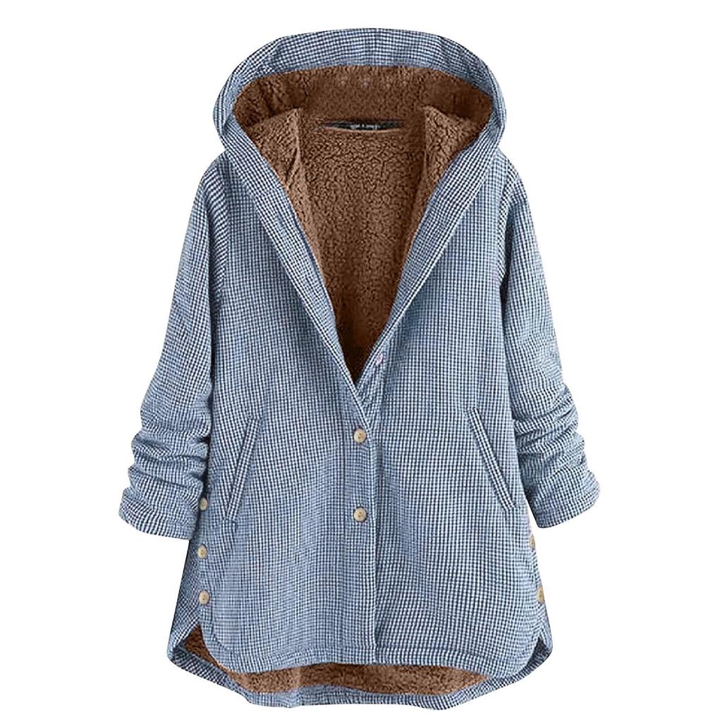 Plus Size Winter Warm Women Vintage Plaid Asymmetrical Button Hooded Outwearcoat