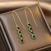 Elegant Gold Color Long Tassel Princess Cut Green Stone Pendant Dangle Earrings Women Girls Gift