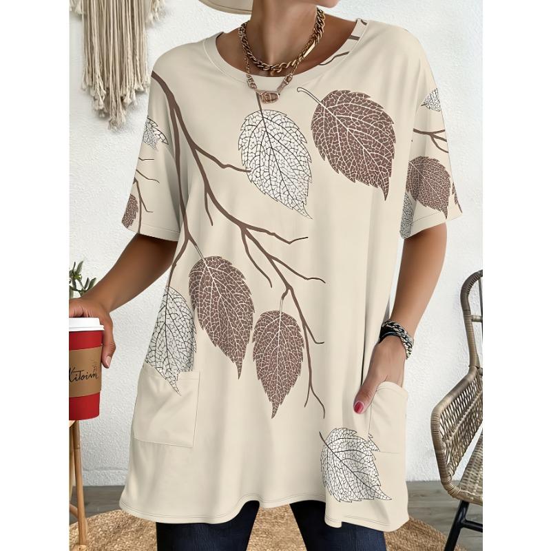 Women's Plus Size T-Shirts with Pockets, 1-Pack Printed Autumn Leaves Pattern, Pockets