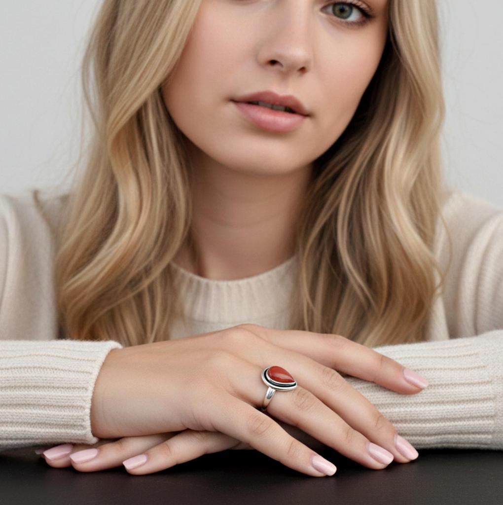 Кольцо с красным кораллом огранки «груша», серебро 925 пробы, простые украшения на каждый день для женщин