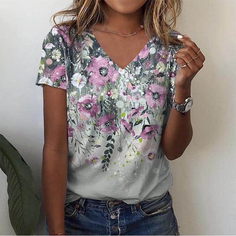 New Flower 3D Printed T-shirt, Women's Streetwear, V-neck Short-sleeved T-shirt, Y2k Top T-shirt