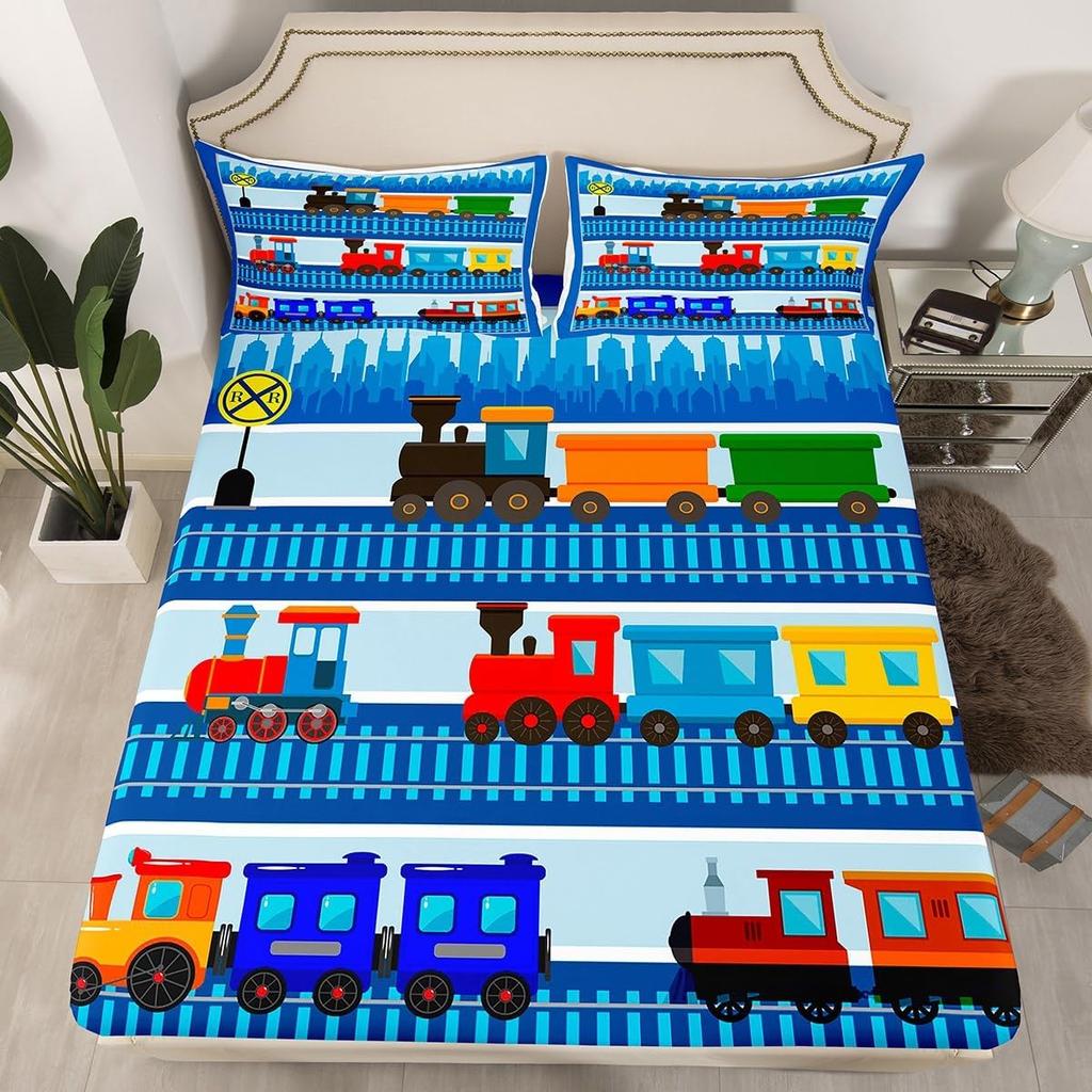 Винтажная простыня с поездом, мультяшная простыня на резинке с вагонами поезда для декора спальни подростков и взрослых, покрывало на кровать с поездом и наволочка 75*50 см