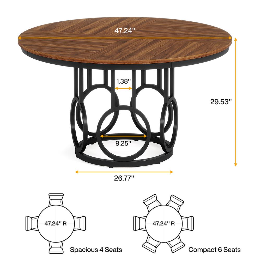 Tribesigns Round Dining Table 120cm, Wooden Kitchen Table with Sturdy Metal Base for 4-6 People, Large Round Dining Table