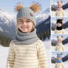 3Pcs/Set Children Winter Hat Scarf Gloves Set Plush Lining Fluffy Ball Decoration Knitting Hat Neckerchief Gloves Set