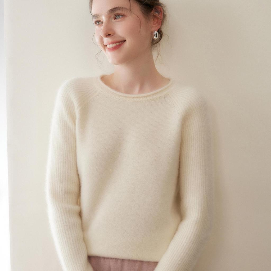 Women's Cashmere Round Neck Loose Pullover with Rolled Hem - Versatile Autumn/Winter Baby Knit Sweater