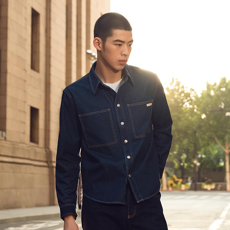 Calvin Klein Классическая ретро-рубашка свободного покроя с квадратным карманом из денима, мужские рубашки темно-синего цвета J327310