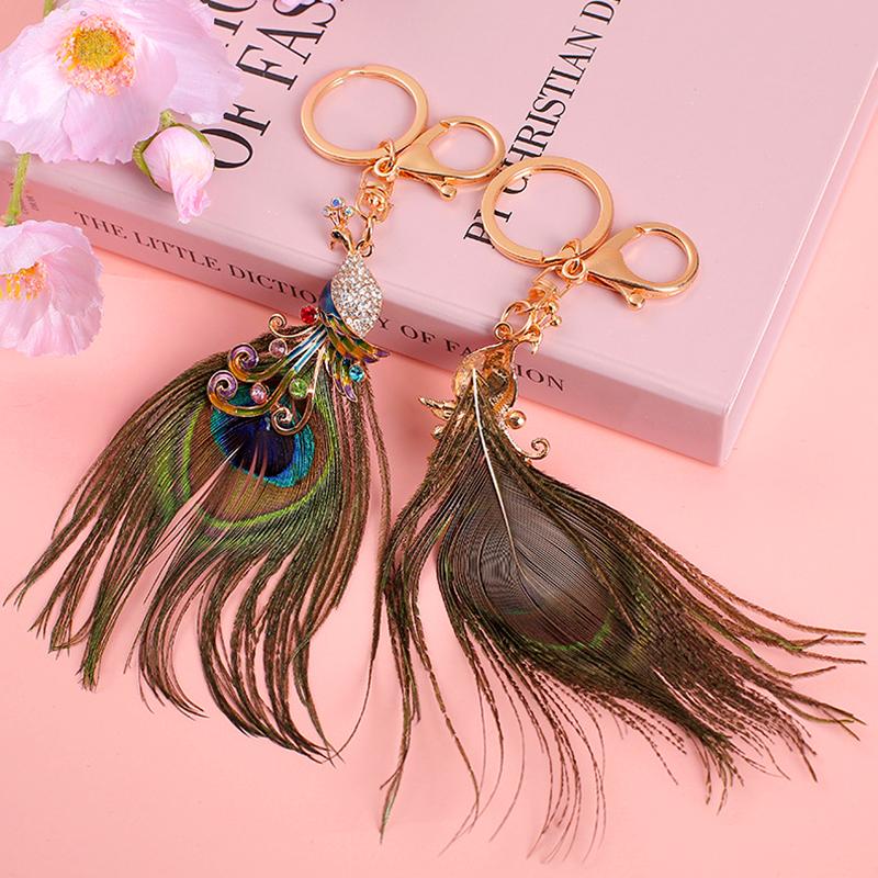 1 шт. брелок для ключей с павлином, изящный, предотвращает потерю, универсальная подвесная сумка, модная подвеска, украшение для автомобильного ключа, стразы, ювелирные изделия из перьев