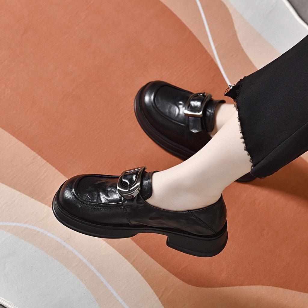 Thick-soled Women's New College Wind Round Buckle One-pedal Single Shoes, First-layer Sheepskin Women's Small Leather Shoes