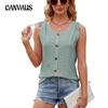 Summer Women's Vest New Solid Color Round Neck Button Drawstring Loose Tank Top Sleeveless Tops