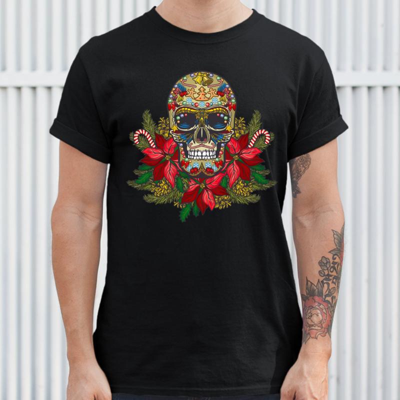 Christmas Calavera Tshirt Sugar Skull Holiday Spirit Mistletoe Mens Tee Retro Breathable Top Skeleton and Flower Pattern Shirt