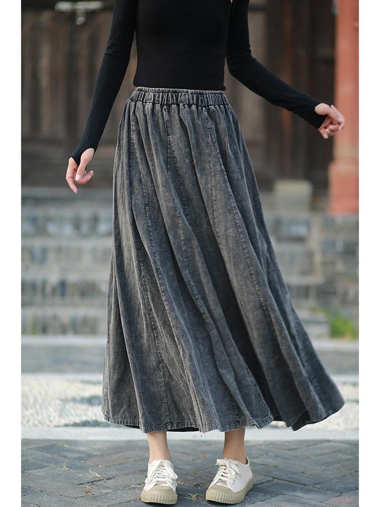 Retro Literary Burnout Cotton Linen Elastic Waist Midi Skirt - Autumn/Winter