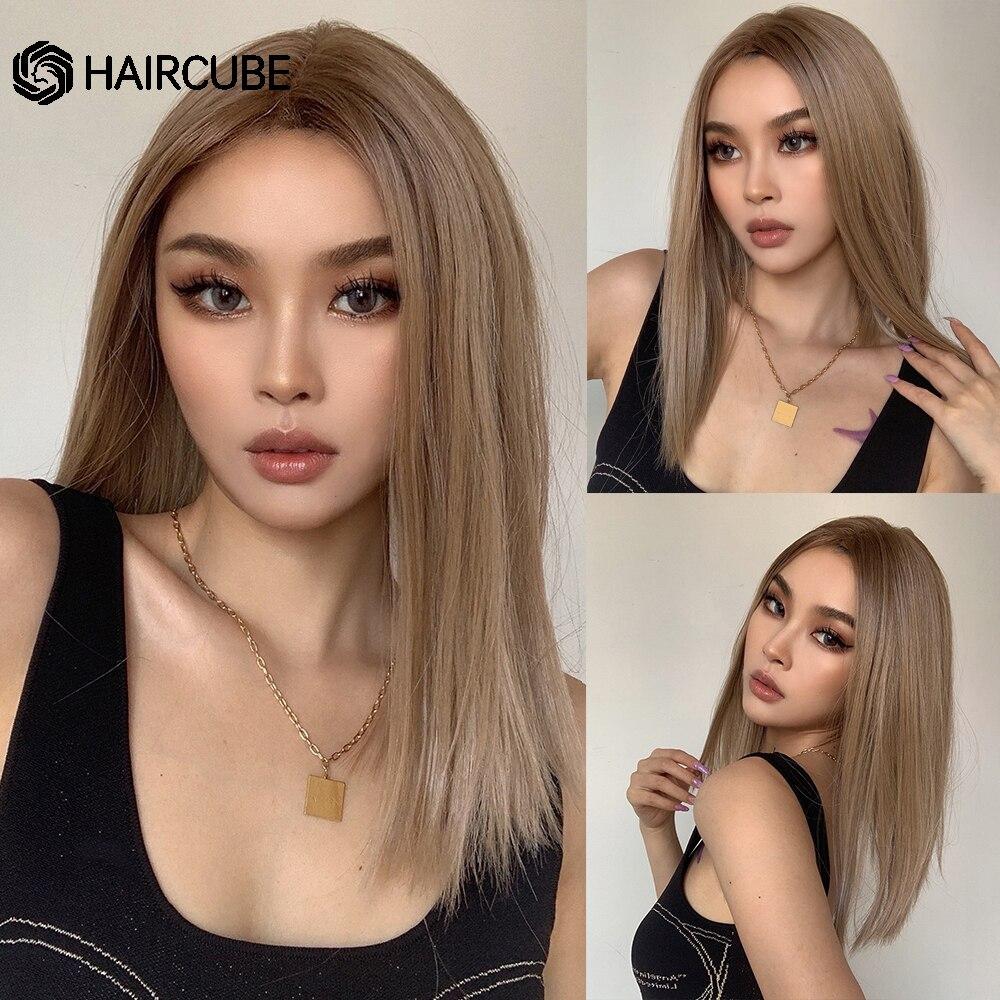 Блондинка, синтетический парик с кружевной передней частью, средней длины, омбре, от блондинки до платины для женщин, повседневные вечерние парики для косплея, термостойкие волокна волос