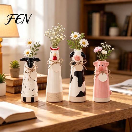 Warm Home Atmosphere Decor Resin Cute Animal Vase, Farmhouse Decorative Flower Holder for Artistic Table Decoration Office Decor Pig/Cow/Sheep/Chicken
