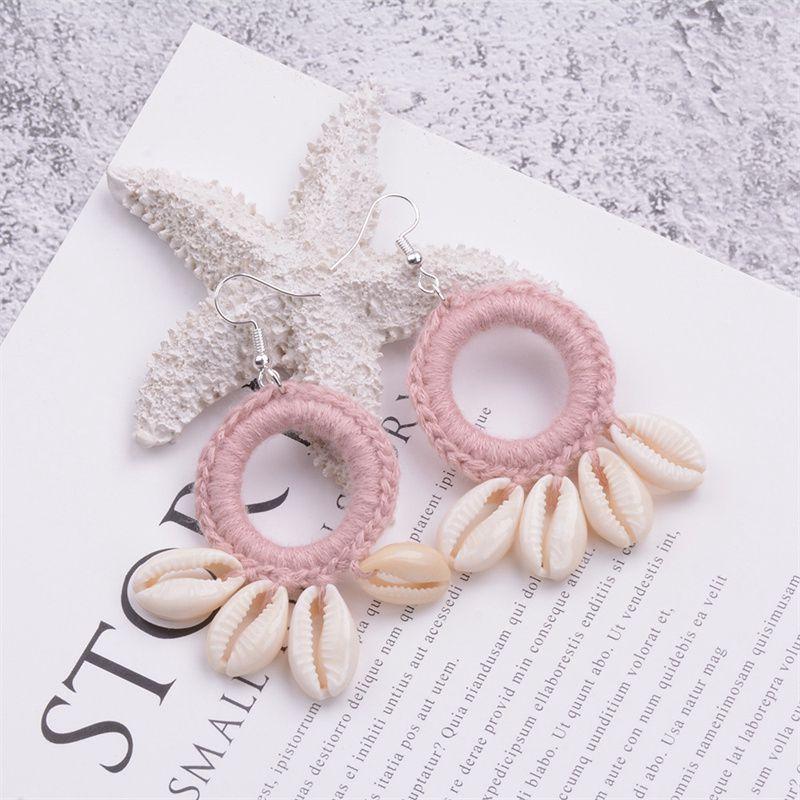Серьги-ракушки с кисточками, модные пляжные серьги в стиле бохо, оригинальные новые большие круглые висячие серьги, женские вязаные крючком серьги