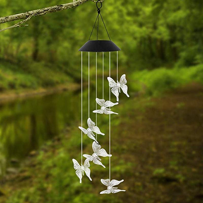 Solar Lights Outdoor Butterfly Dragonfly Hummingbird Wind Chimes Color Changing Waterproof Solar Powered Led Wind String Lights Hanging Lights