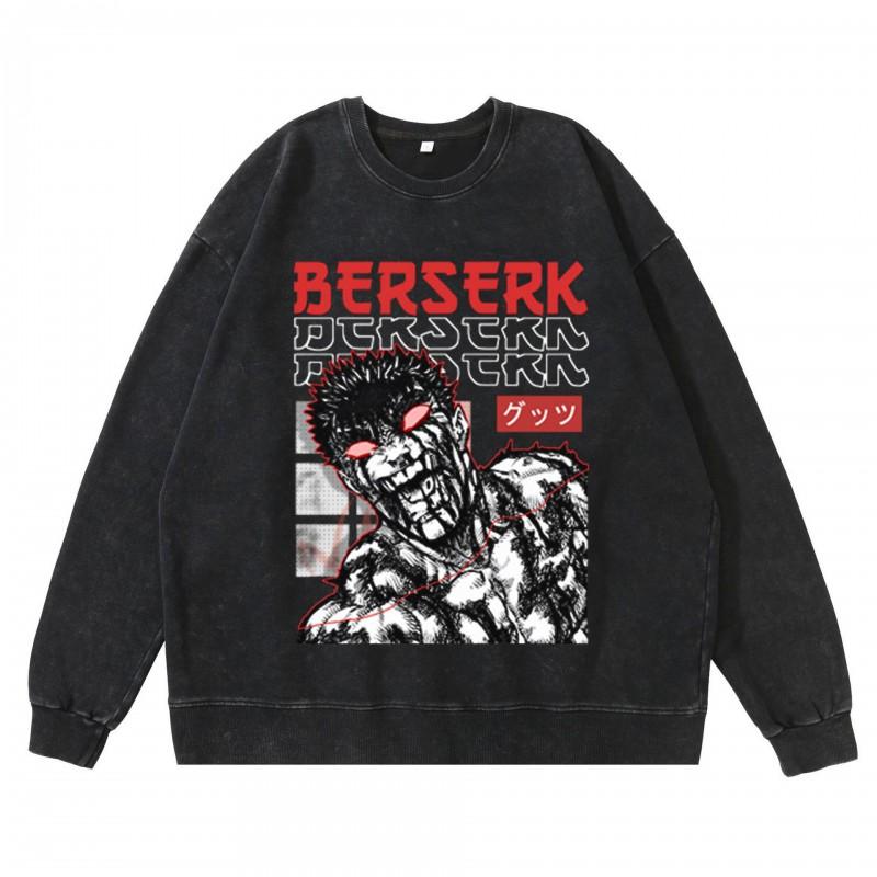 Heavyweight 360g Washed Vintage Berserk Anime Streetwear Cotton Pullover Hoodie Men