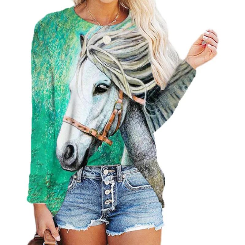 Толстовки с принтом в виде головы лошади с 3D-принтом, топ с длинным рукавом для женщин, новая весенняя одежда, толстовка с круглым вырезом, повседневная свободная женская одежда