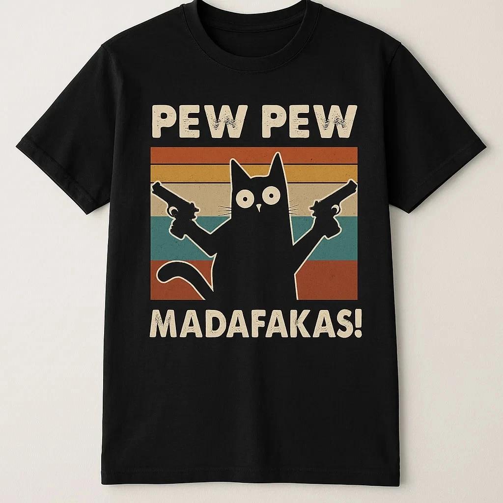 Футболка Pew Pew Madafakas Ретро Кот Хлопок Fun Веселье Цитаты Смешной Мультяшный