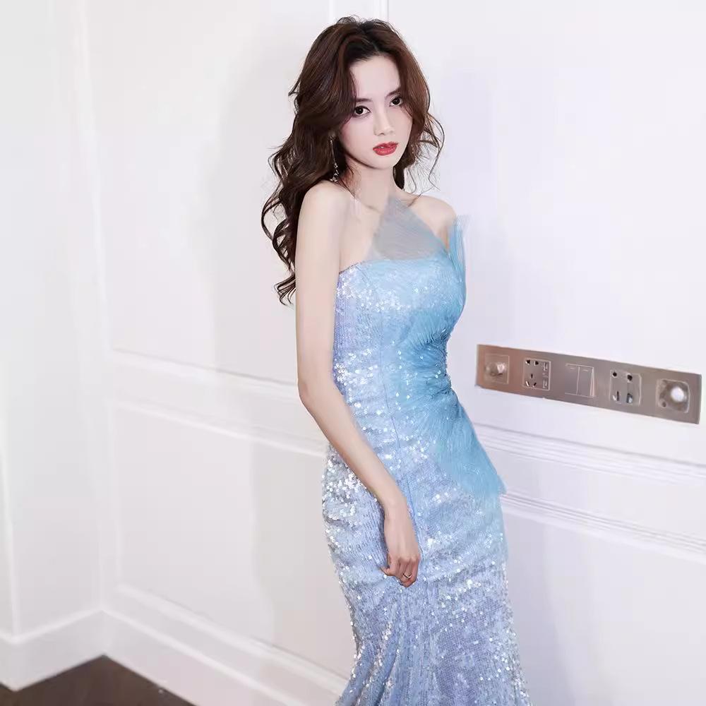 Blue host banquet evening dress women's 1011 new sequined tube top starry sky trailing sexy fishtail dress