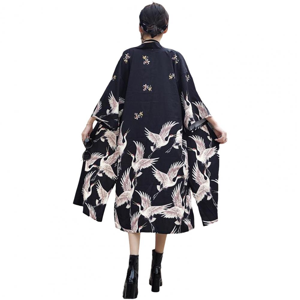 Унисекс Блузка Винтажный Стиль Японский Стиль Рукав 3/4 Удобная Посадка Кардиган С Принтом Птиц Халат С разрезами Подол Активный Путешествия Вечеринки Повседневный W