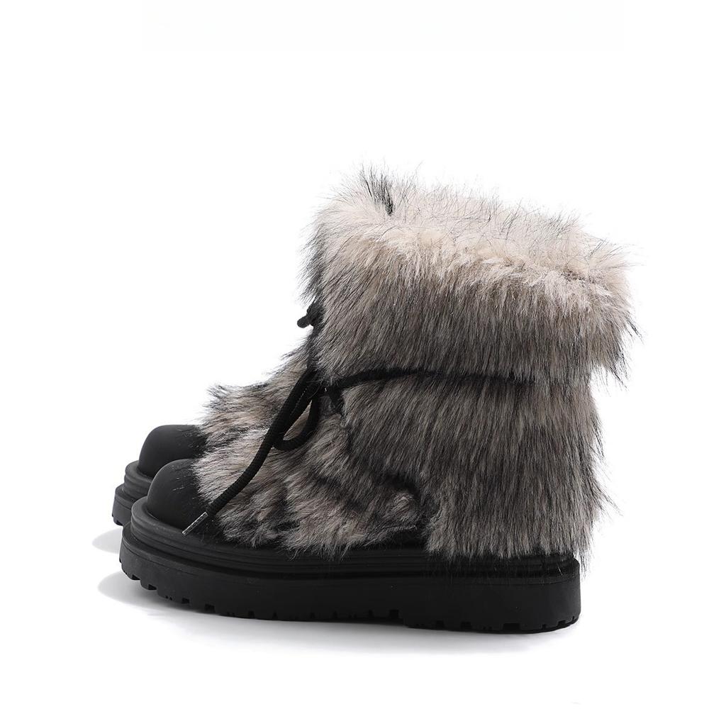 Winter Warm Snow Boots for Women Lace-Up Anti-Slip Faux Fur Lined Ankle Booties Women's Chunky Platform Plush Faux Fur Calf Comfort Short Boot Shoes