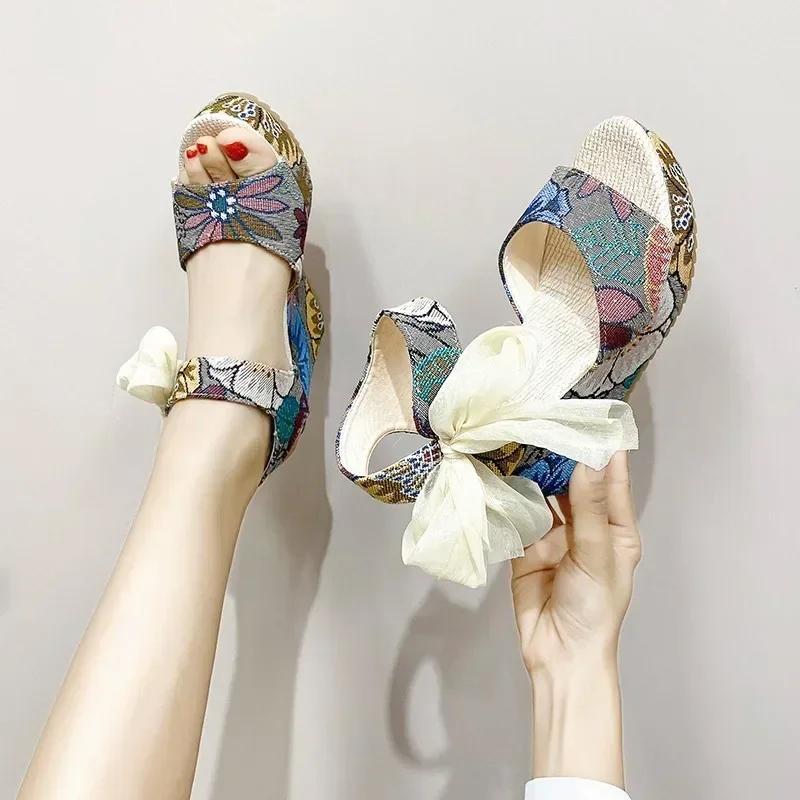 Fashion Sandals Women's Floral Print Mesh Bowknot Decor Wedge Strappy Open-toed Sandals Heels Platform Shoes Ankle-strap Dress Sandals