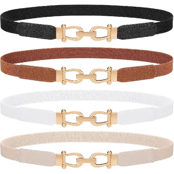 4 Pack Women Skinny Elastic Belts Gold Buckle Thin Stretchy Waist Belts for Dresses