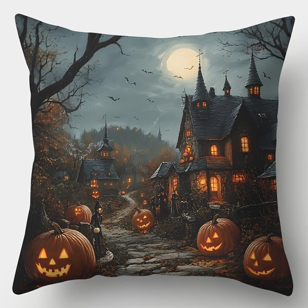 1PC Halloween Pillow Covers, Spooky Pumpkin Castle Bat Print Cushion Covers, Soft and Comfortable Square Pillowcase