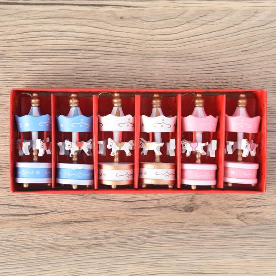 6Pcs Wooden Carousel Christmas Ornament Xmas Tree Hand-painted Merry-Go-Round Hanging Decoration Home Office Holiday Party Pendant