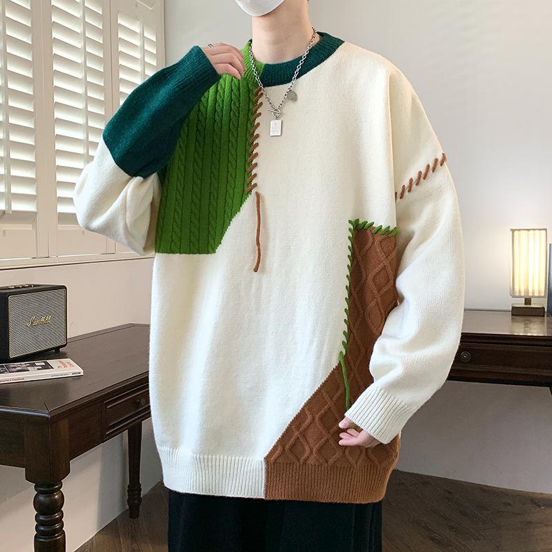 Men's Trendy Knitted Contrast Color Round Neck Sweater - Autumn/Winter Loose Fit, Lazy Style, Perfect for Couples