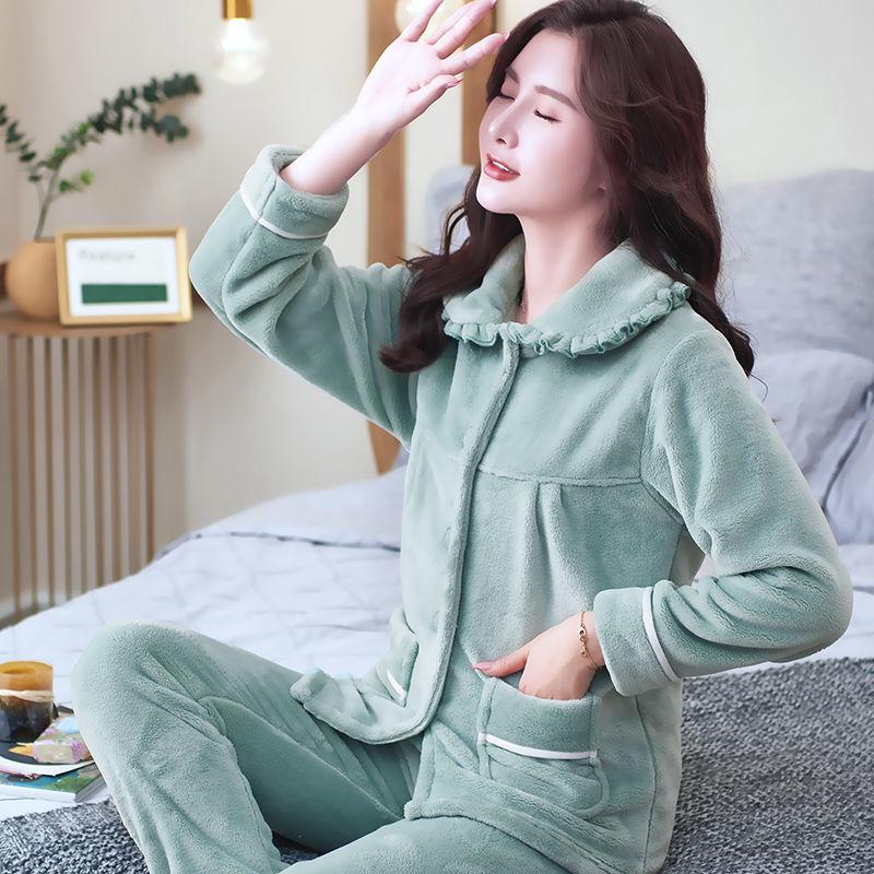 Осенне-зимний утепленный фланелевый женский пижамный комплект из двух частей, теплый свободный женский повседневный однобортный костюм с длинным рукавом для дома